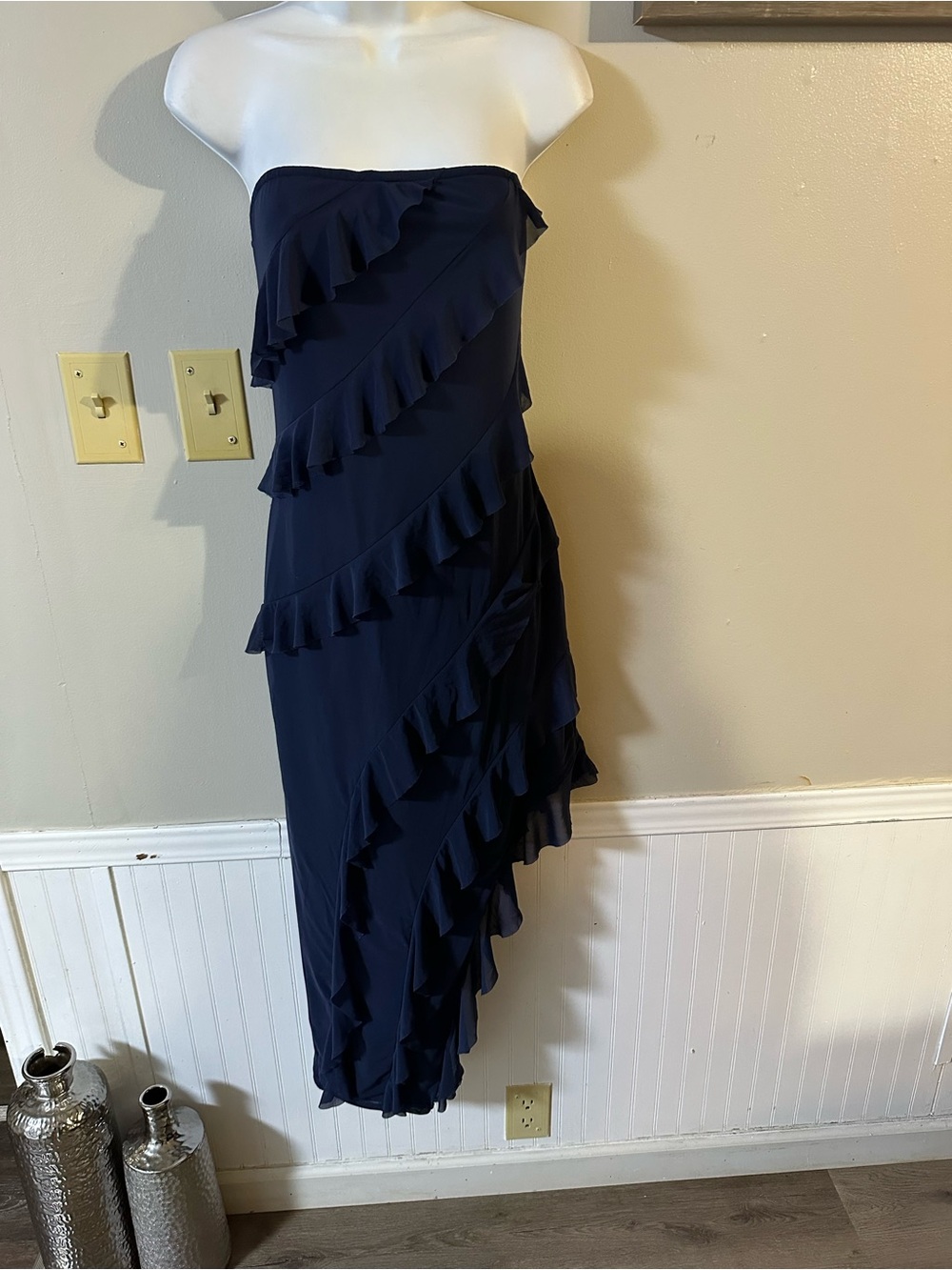 Strapless Navy Ruffle Midi Dress